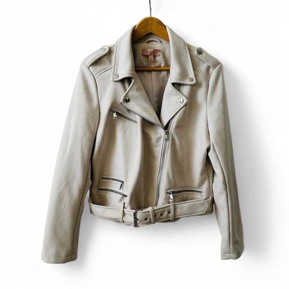 Philosophy Cream Faux Leather Suede Moto Jacket Asymmetrical Zipper Belt Size L - Picture 4 of 13